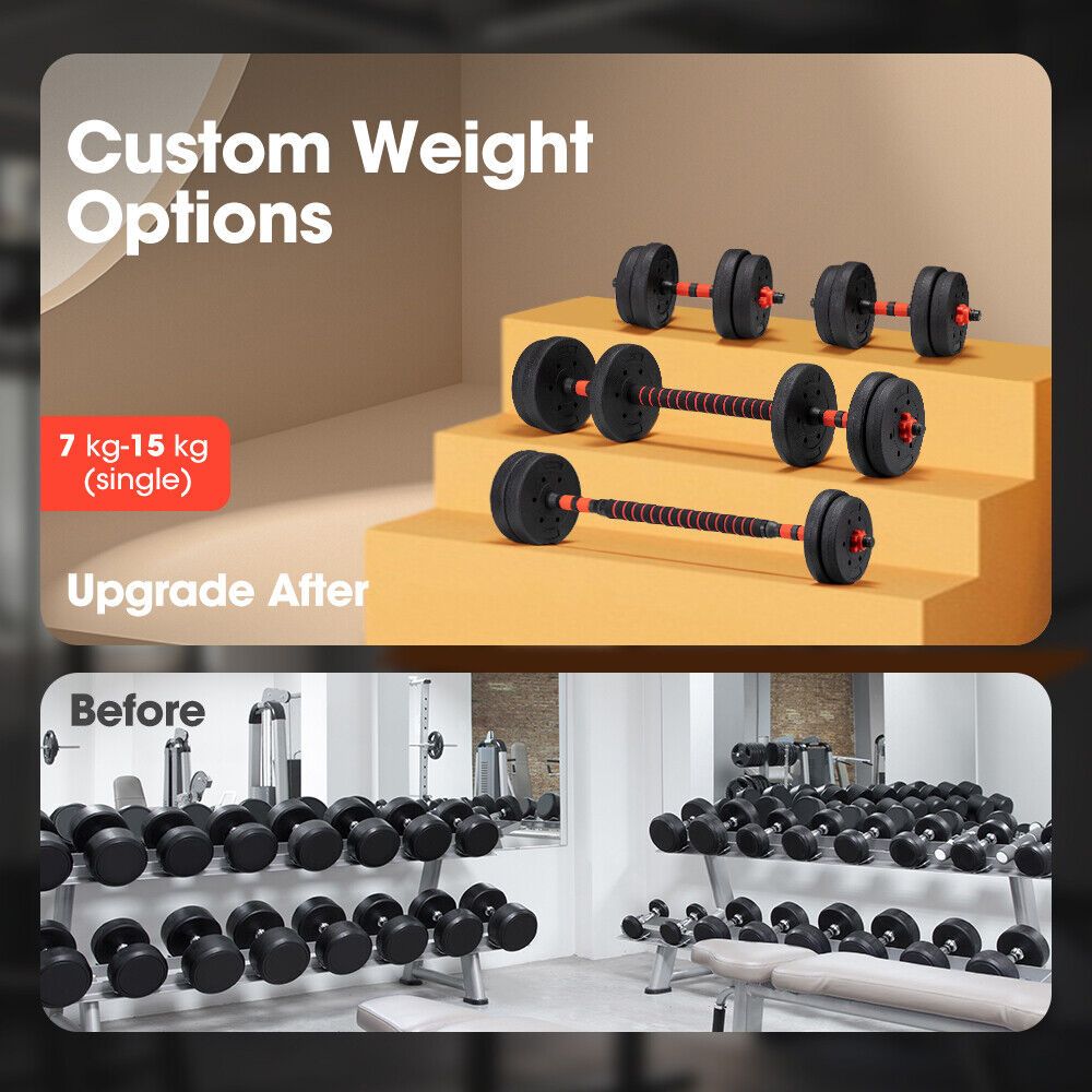 15kg Adjustable Dumbbell & Barbell Set – 4-in-1 Home Gym Weights with Rubber Plates, Non-Slip Grip & Spinlock Collars
