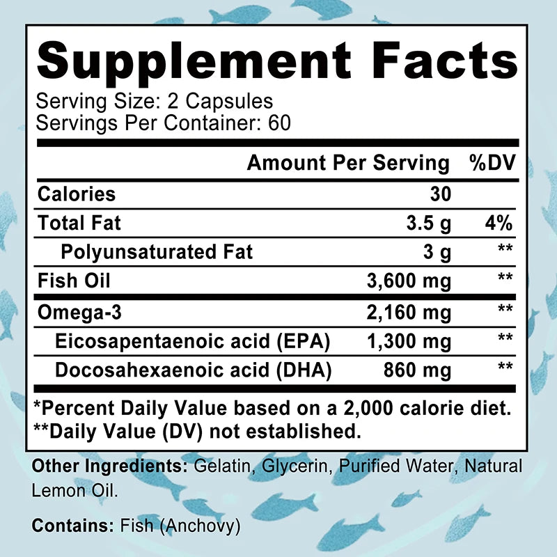 Omega-3 Fish Oil Capsules – Supports Brain, Nervous System, Heart, Skin & Hair Health | Antioxidant-Rich & Easy to Swallow