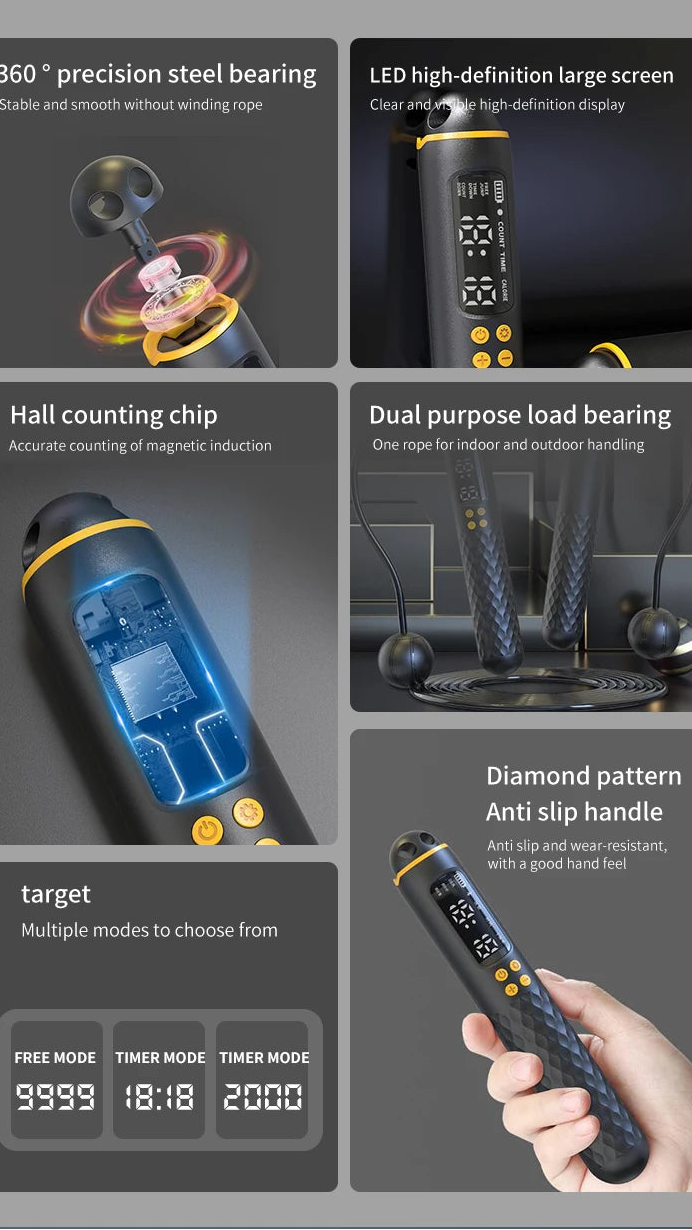 Rechargeable Digital Jump Rope Trainer – Adjustable Electronic Skipping Rope with Wireless/Ropeless Mode, LCD Counter & Calorie Tracker | USB Charging Fitness Tool