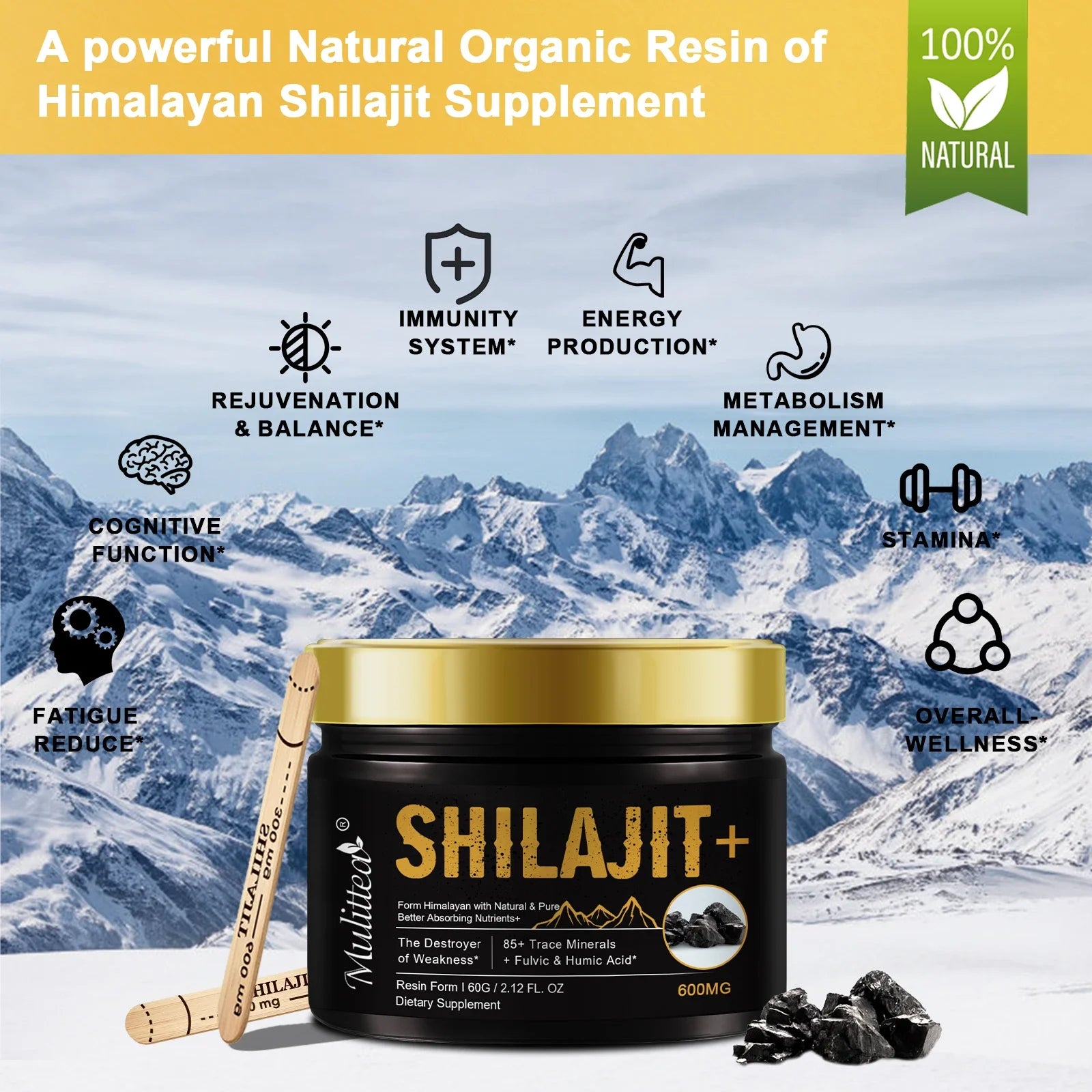 Mulittea Original Natural Shilajit Resin – Pure Fulvic Acid & 85+ Trace Minerals | Boost Energy, Endurance, Focus & Vitality – Premium Himalayan Shilajit (60g)