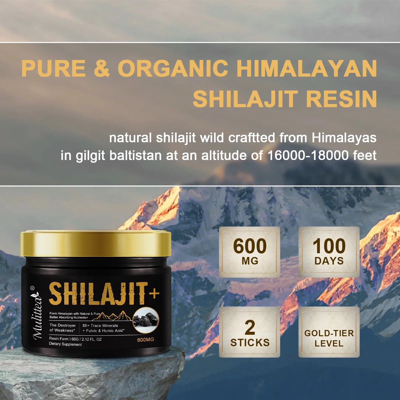 Mulittea Original Natural Shilajit Resin – Pure Fulvic Acid & 85+ Trace Minerals | Boost Energy, Endurance, Focus & Vitality – Premium Himalayan Shilajit (60g)