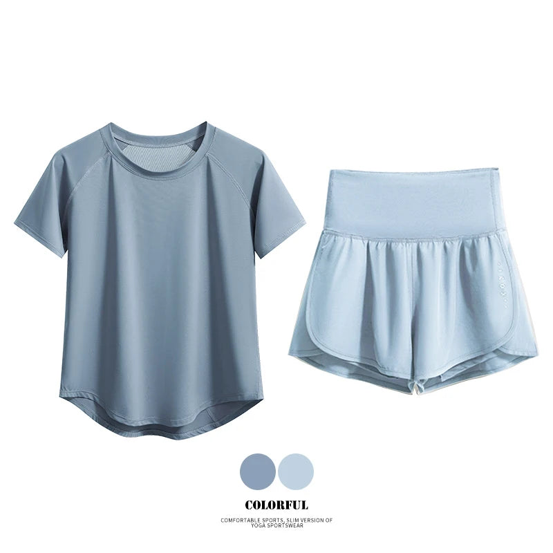 Women’s 2-Piece Yoga Set – Breathable Summer Sports Outfit with Short Sleeve Top & Running Shorts, Quick-Dry Fitness & Training Set