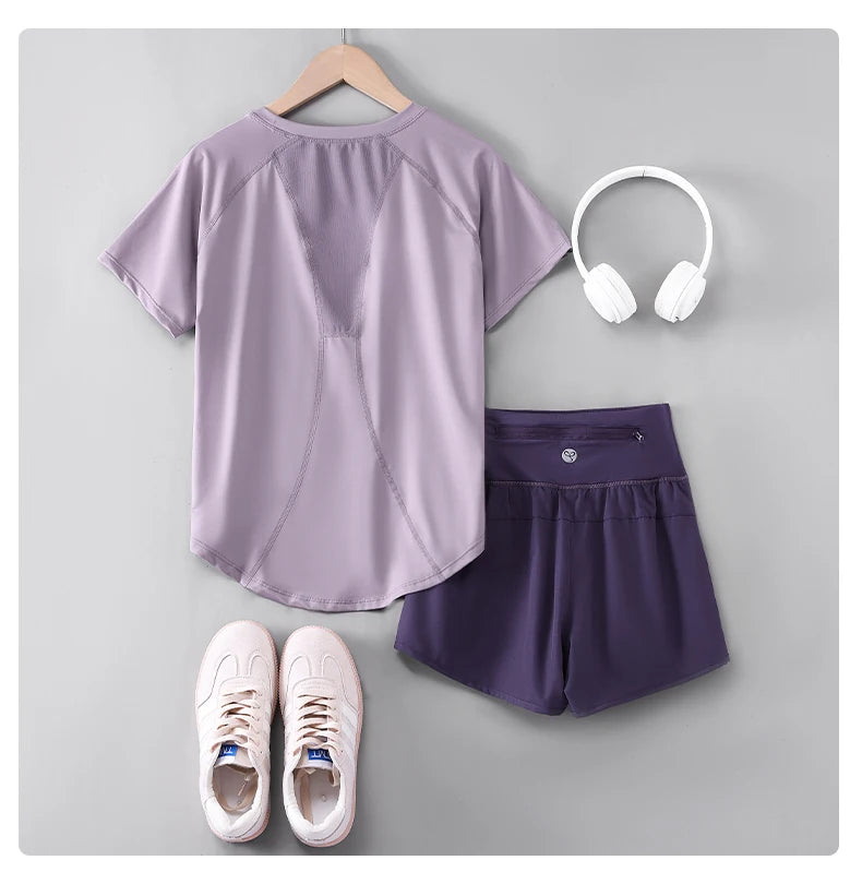 Women’s 2-Piece Yoga Set – Breathable Summer Sports Outfit with Short Sleeve Top & Running Shorts, Quick-Dry Fitness & Training Set