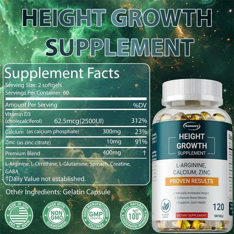 Height Growth Supplements – Bone Strengthening & Natural Growth Support for Children, Teens & Adults, 30/60/120 Capsules