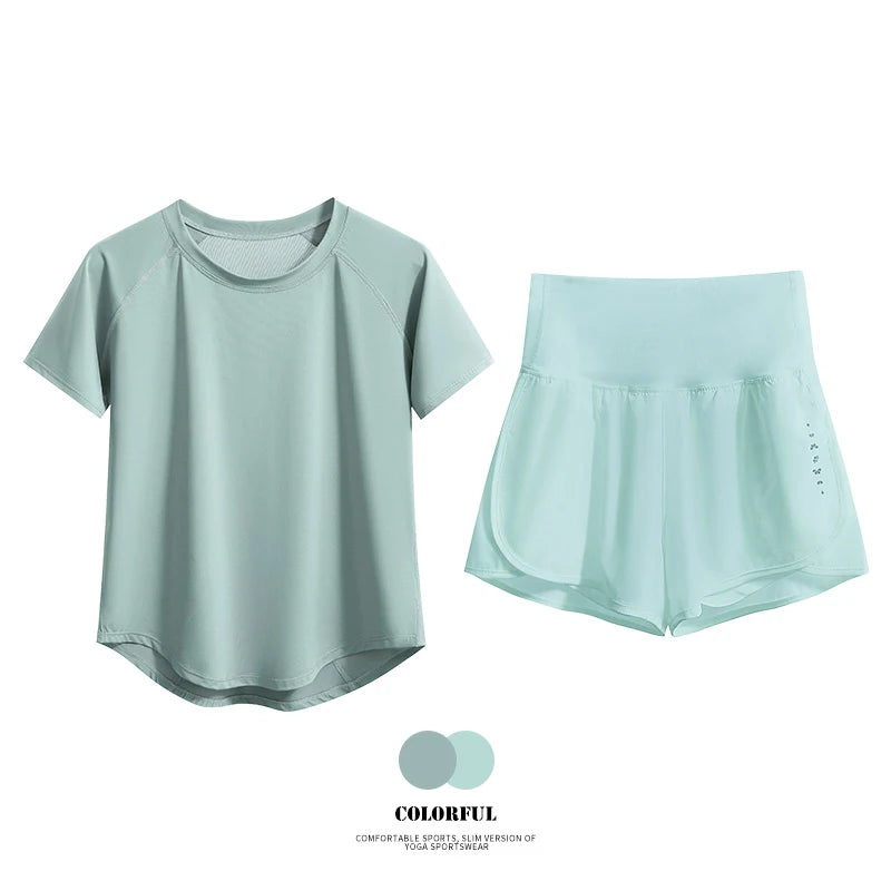 Women’s 2-Piece Yoga Set – Breathable Summer Sports Outfit with Short Sleeve Top & Running Shorts, Quick-Dry Fitness & Training Set