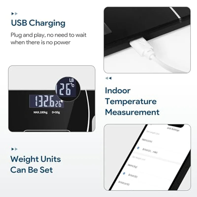 Smart Body Fat Scale with Bluetooth App – Rechargeable Digital Weight Scale for BMI, Muscle & Body Composition Tracking
