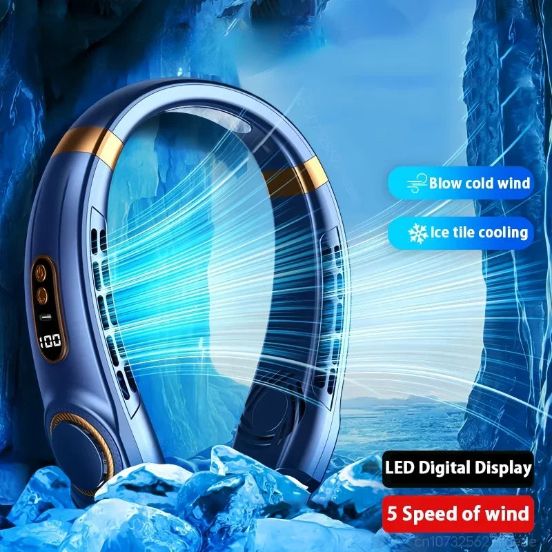Portable Bladeless Neck Fan – Hands-Free Personal Cooling Fan with LED Light, 4000mAh USB Rechargeable, 5-Speed Cooling Plates for Gym & Outdoor Us