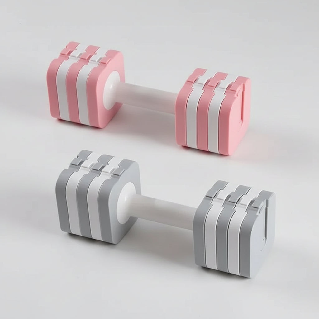 Pair of pink and gray striped dumbbells on a white background