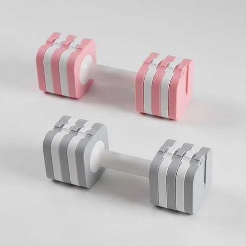 Pair of pink and gray striped dumbbells on a white background