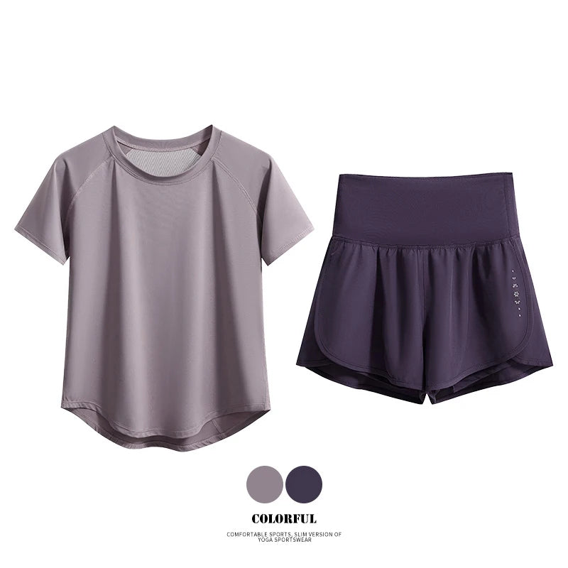 Women’s 2-Piece Yoga Set – Breathable Summer Sports Outfit with Short Sleeve Top & Running Shorts, Quick-Dry Fitness & Training Set