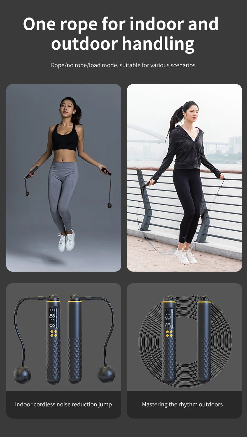Rechargeable Digital Jump Rope Trainer – Adjustable Electronic Skipping Rope with Wireless/Ropeless Mode, LCD Counter & Calorie Tracker | USB Charging Fitness Tool