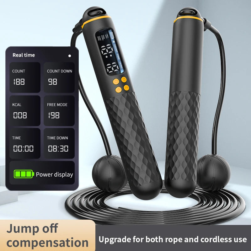 Rechargeable Digital Jump Rope Trainer – Adjustable Electronic Skipping Rope with Wireless/Ropeless Mode, LCD Counter & Calorie Tracker | USB Charging Fitness Tool