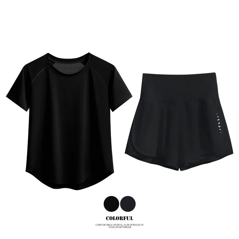 Women’s 2-Piece Yoga Set – Breathable Summer Sports Outfit with Short Sleeve Top & Running Shorts, Quick-Dry Fitness & Training Set