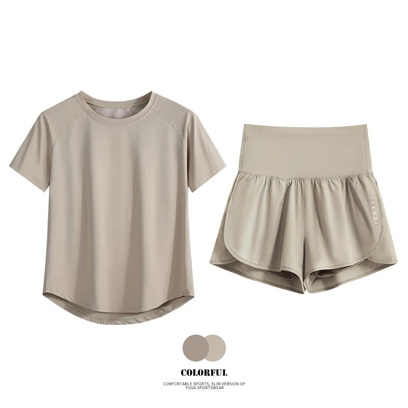 Women’s 2-Piece Yoga Set – Breathable Summer Sports Outfit with Short Sleeve Top & Running Shorts, Quick-Dry Fitness & Training Set