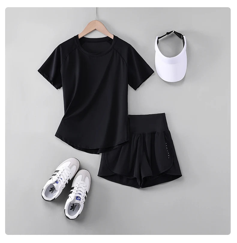 Women’s 2-Piece Yoga Set – Breathable Summer Sports Outfit with Short Sleeve Top & Running Shorts, Quick-Dry Fitness & Training Set
