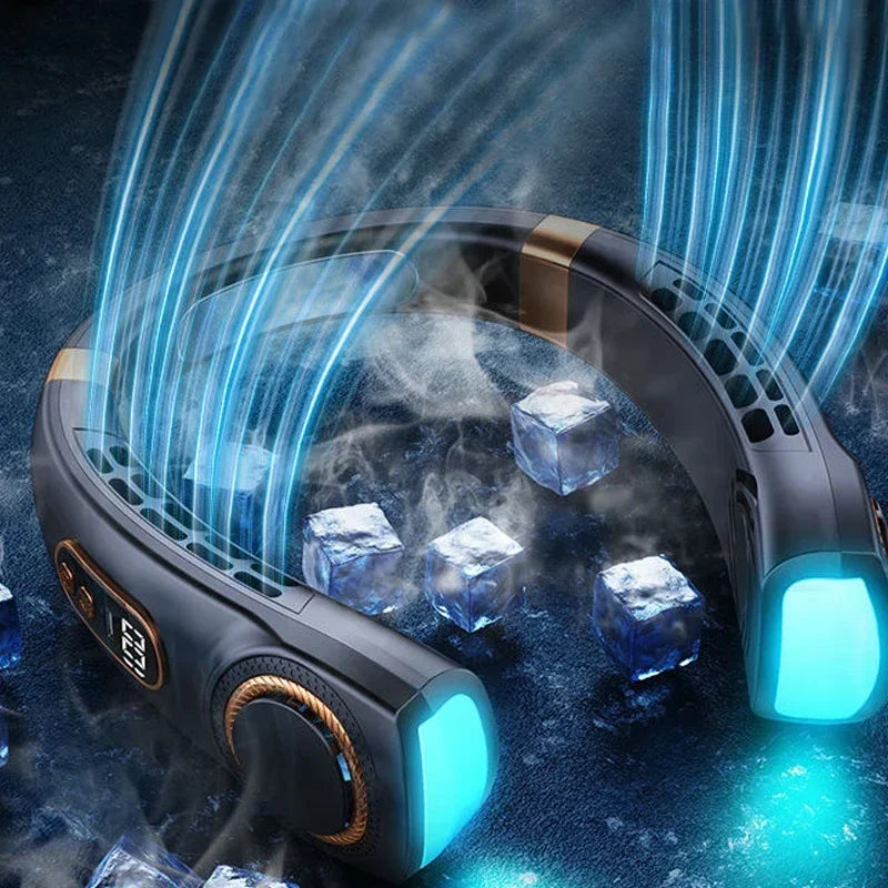 Portable Bladeless Neck Fan – Hands-Free Personal Cooling Fan with LED Light, 4000mAh USB Rechargeable, 5-Speed Cooling Plates for Gym & Outdoor Us