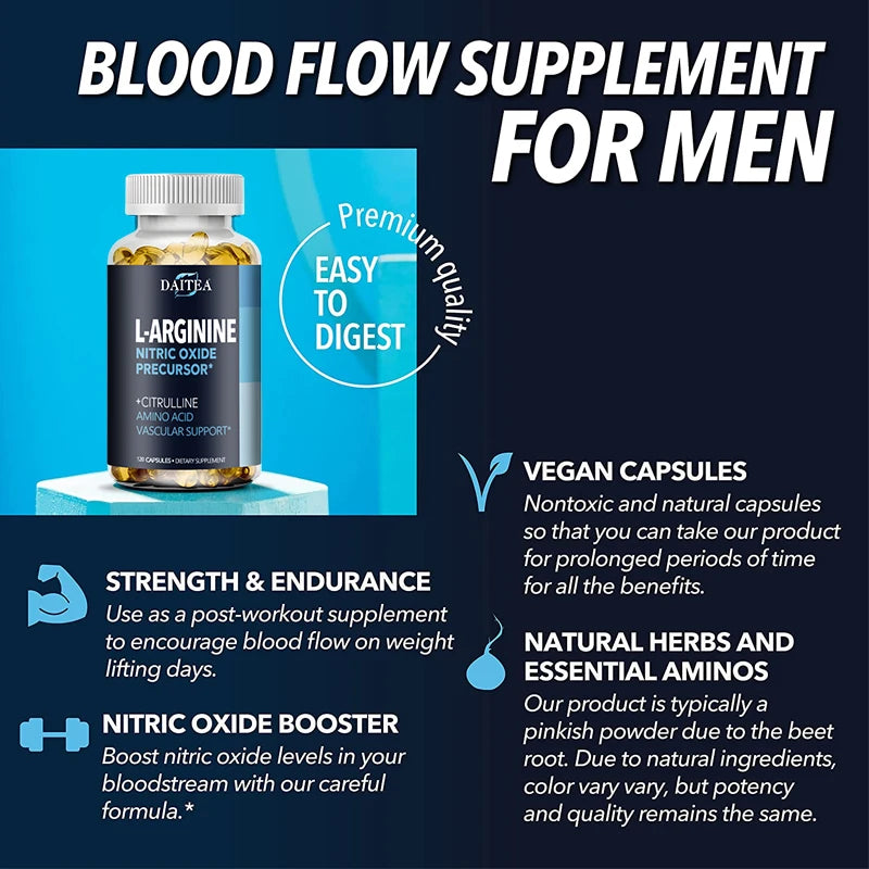 L-Arginine Capsules – Nitric Oxide Booster for Muscle Pump, Circulation, Endurance & Workout Recovery