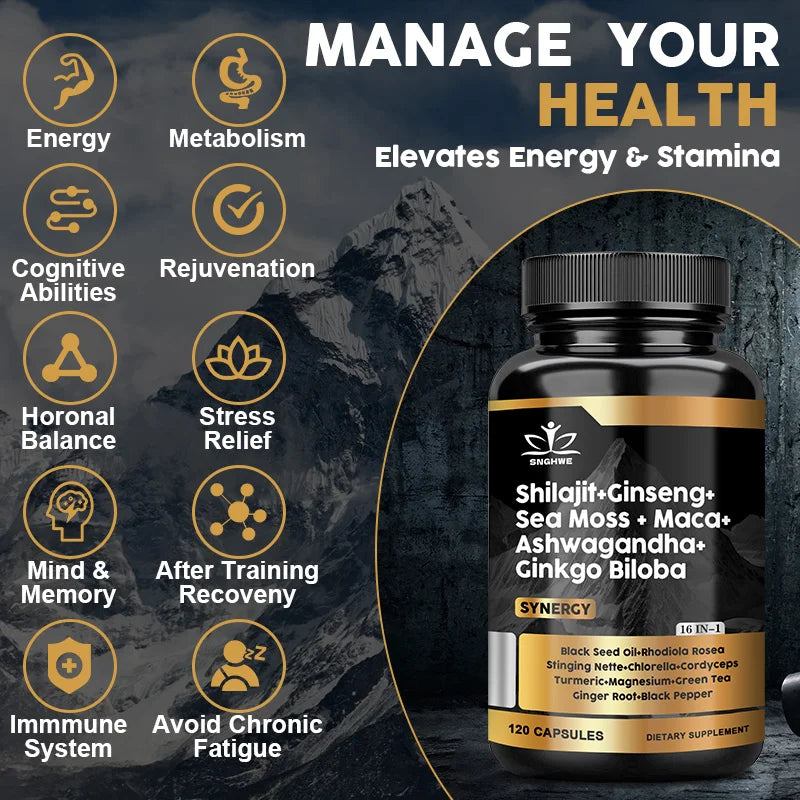 Shilajit Supplement with Ginseng, Sea Moss, Ashwagandha & Ginkgo – Natural Energy, Immunity & Gut Health Support